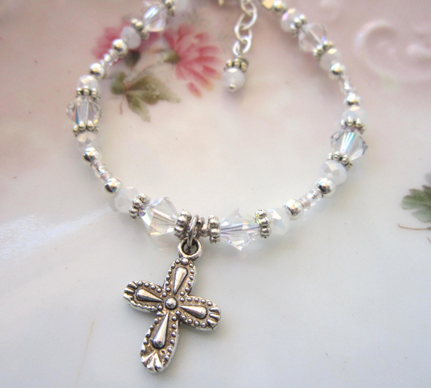 Children's Cross Bracelet. Girl's Crystal Bracelet. by JensBeadBox