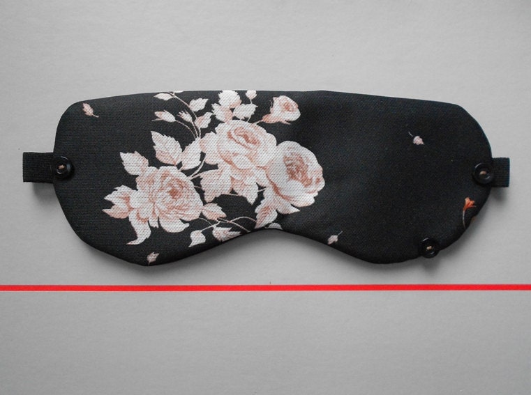Vintage Rustic Chic Floral Ivory Rose Black Satin Handmade Sleep Mask / Eye Mask with 3 Decorative Buttons