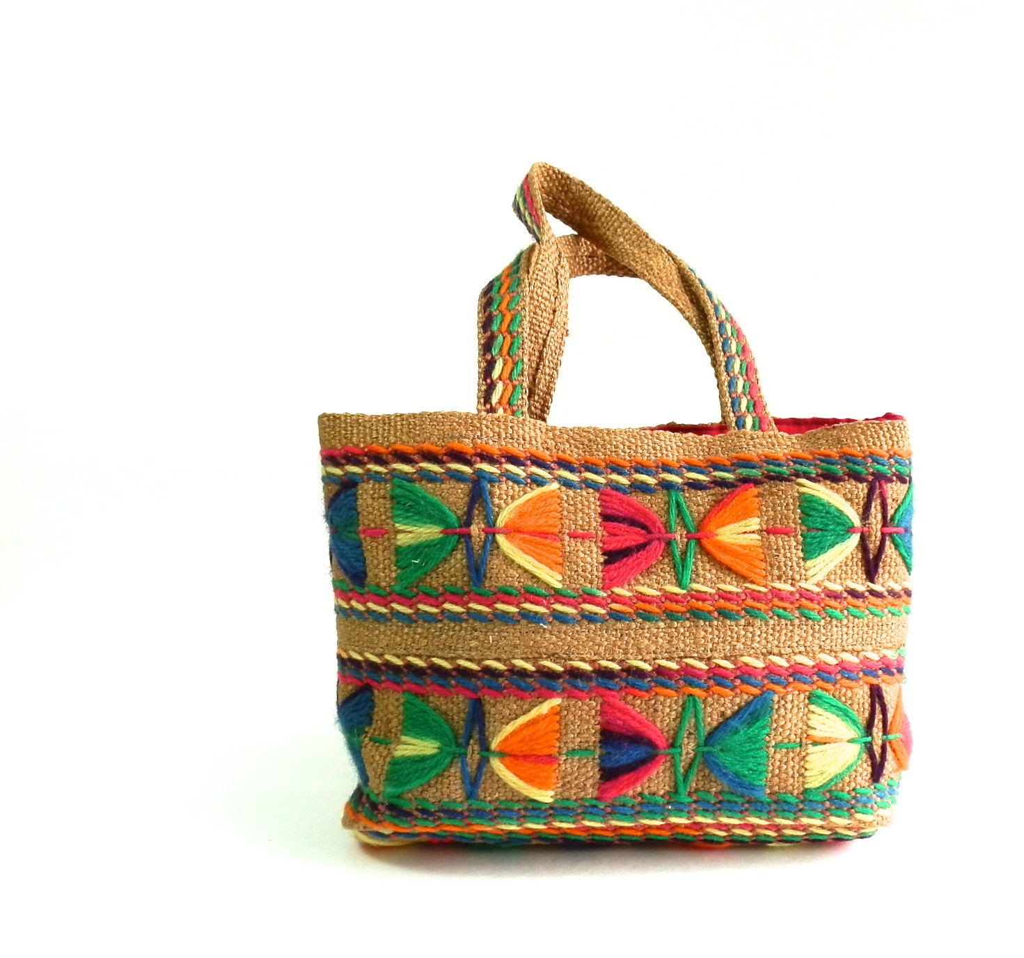 Vintage Summer Purse Small Handbag Crewel Embroidery Small Tote Boho Child's Purse Island Beach Red Lining