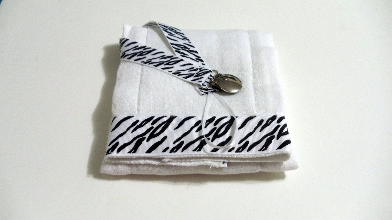 Zebra Stripes Grosgrain Ribbon Burp Cloth and Pacifier Clip Holder