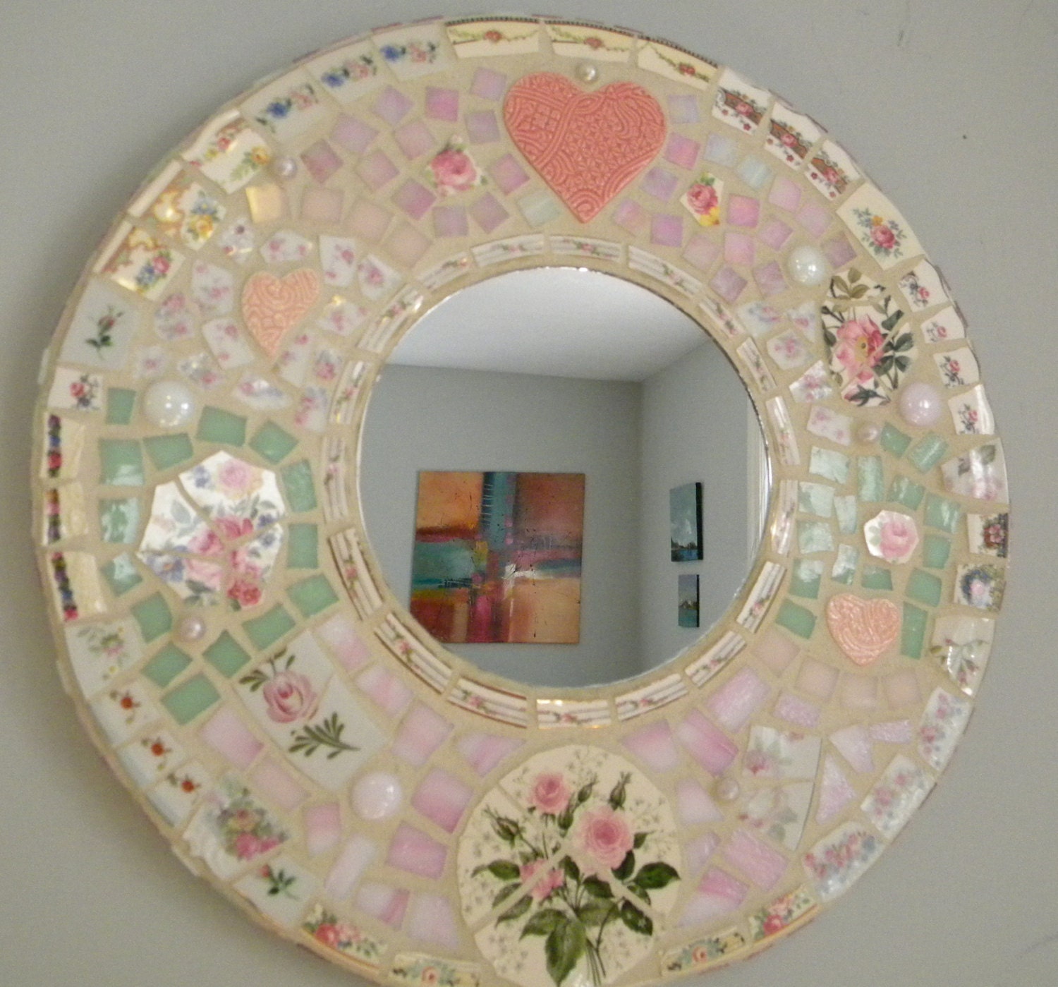 Lots of PINKS - LARGE Shabby Chic Round Mosaic Mirror - Vintage China/Stained Glass/Hearts