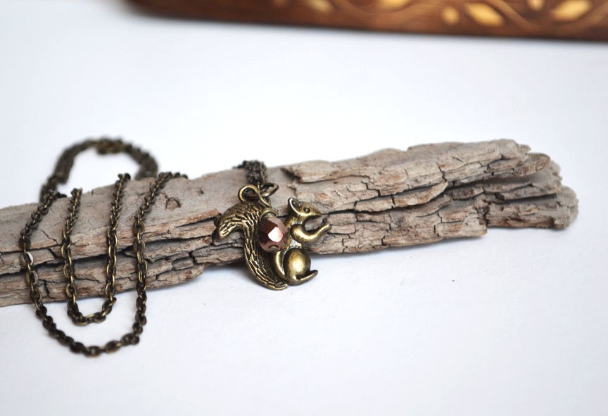 Squirrel Charm Necklace, Brass Squirrel Pendant with Copper Czech Bead, Woodland Creatures, Spring Wildlife Jewelry