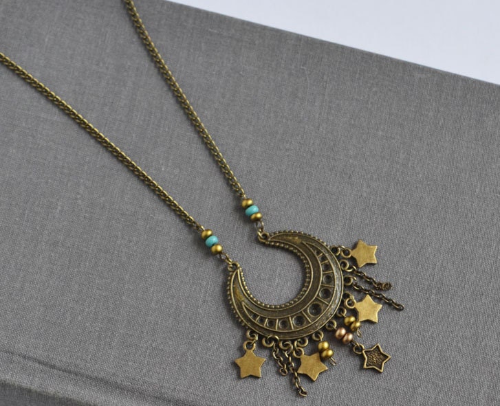 Moon and Stars Necklace, Gypsy Dangle Stars Moon Necklace, Turquoise Seed Beads, Bohemian Moon and Stars