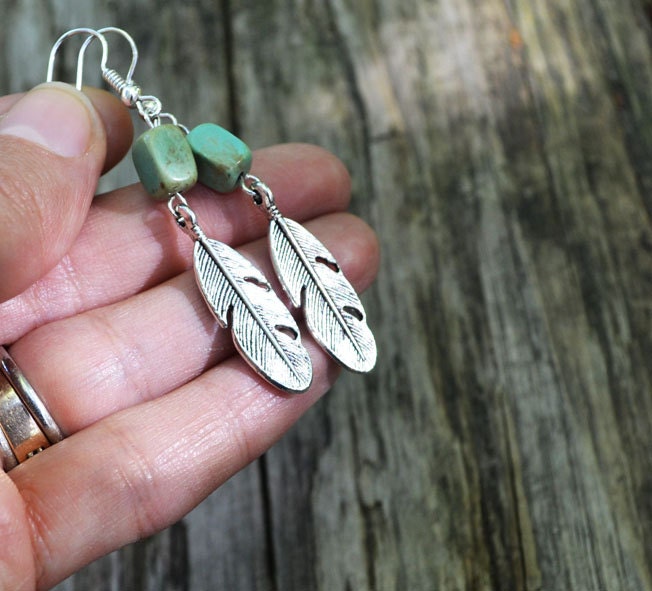 Feathers and Turquoise Earrings, Hippie Nature Inspired Earrings, Rectangular Stone Earrings, Feather Jewelry