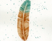 Bird feather art Original watercolor painting Hand painted art card Spring summer decor