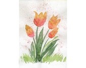 Original watercolor Tulip art painting Hand painted art card Spring decor yellow pink
