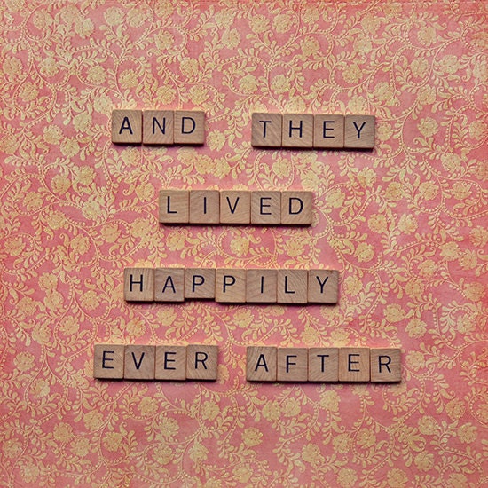 Love quote art - and they lived happily ever after - love story valentines day wedding anniversary - 5X5 print - scrabble love quote