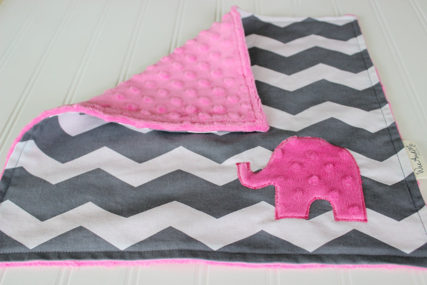 Chevron Baby Security Blanket - Pink Minky Elephant lovey Blanket - by Wee and Me