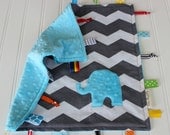 Chevron Taggie Baby Blanket - Blue Minky Elephant - Tag Lovie - Ribbon Security Blanket