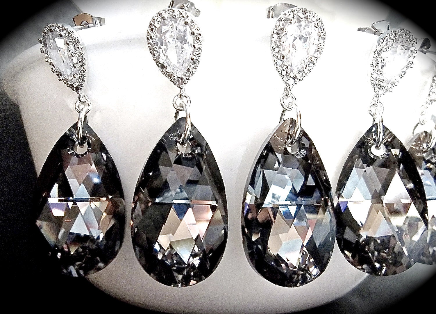 Crystal earrings - Large- 28mm - Swarovski - Black crystals - Teardrops - Sterling silver - Cubic Zirconia posts - Bridal jewelry - Formal -