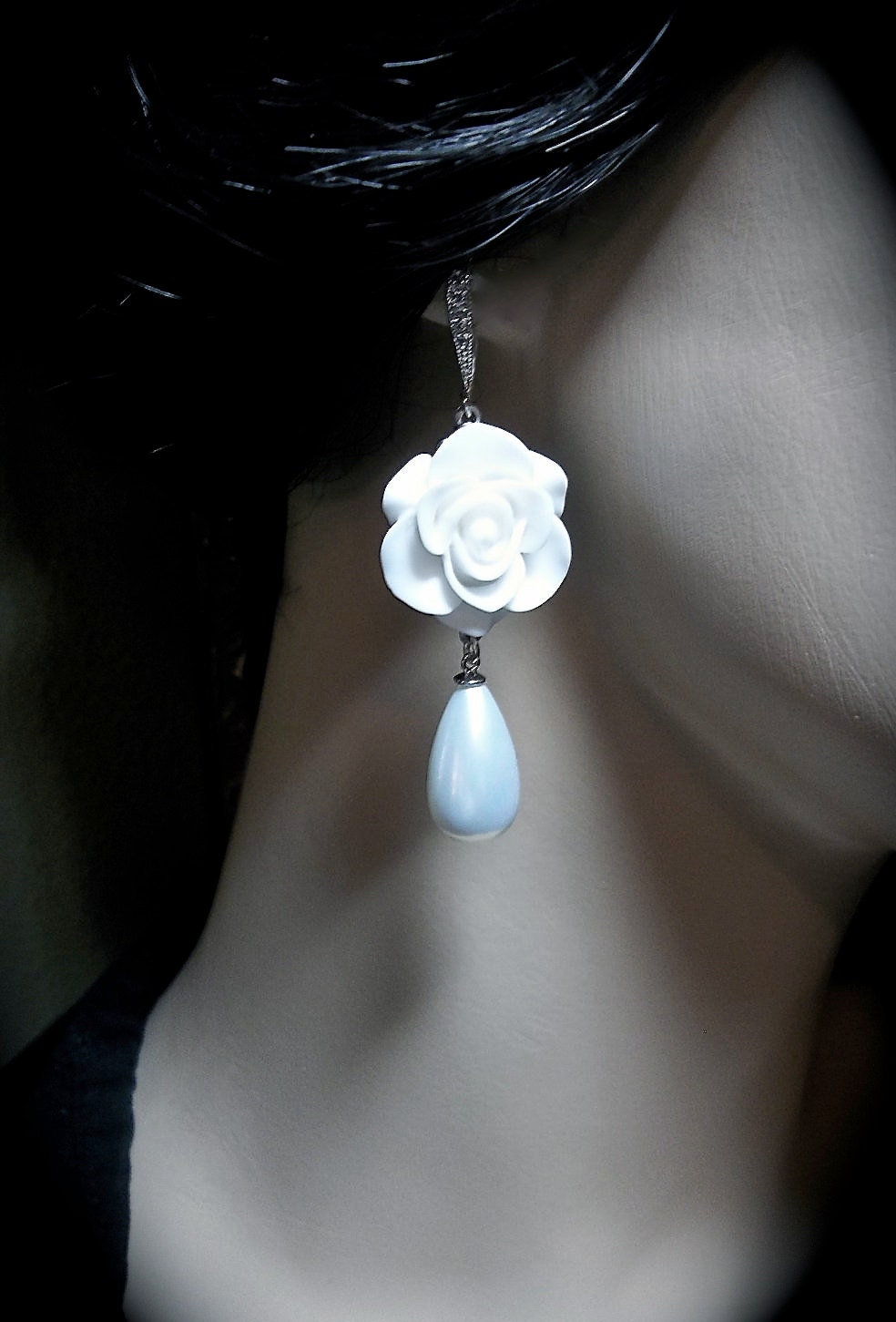 Bridal earrings - Long - White Rose - Cabochon -Sterling silver - Pearl drops - Statement earrings - BEAUTIFUL-