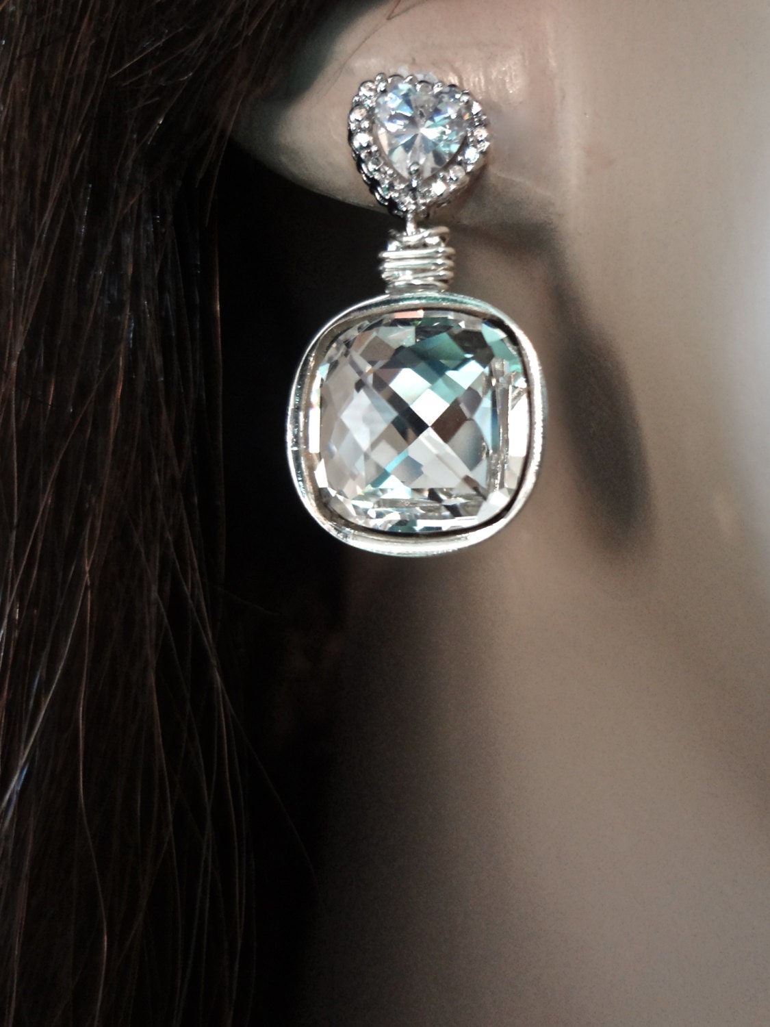 Brides earrings - Crystal earrings - Cubic Zirconia's - Hearts - square - Cushion - Sterling Silver - Bridal jewelry -