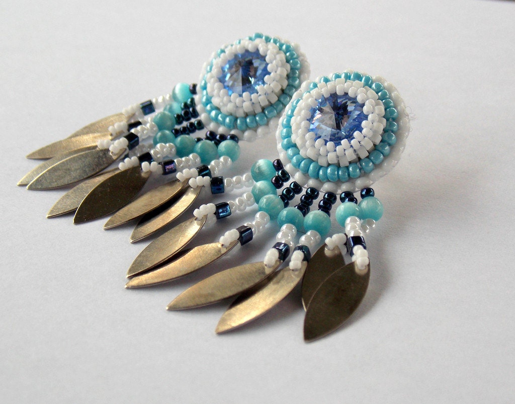 Bead embroidery earring Seed bead jewelry White Blue Sapphire blue Silver dangles