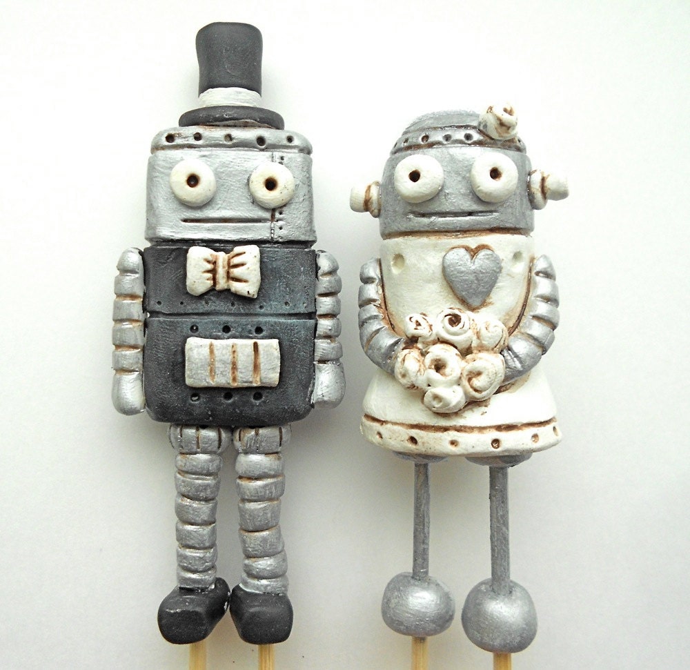 Wedding Cake Topper Black and White Robots in Love