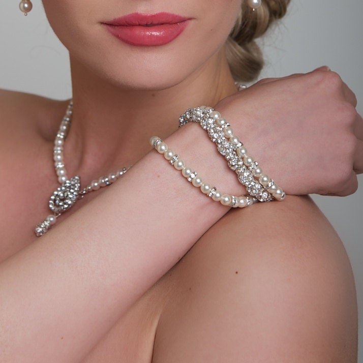 Bridal Bracelet - Pearl and Rhinestone Multi- Strand 3 Row Bracelet