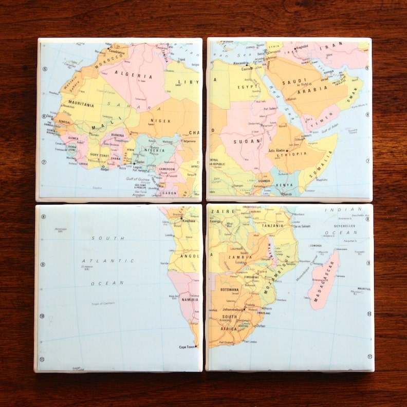 Vintage Map Coasters, Ceramic Tile, Set of 4