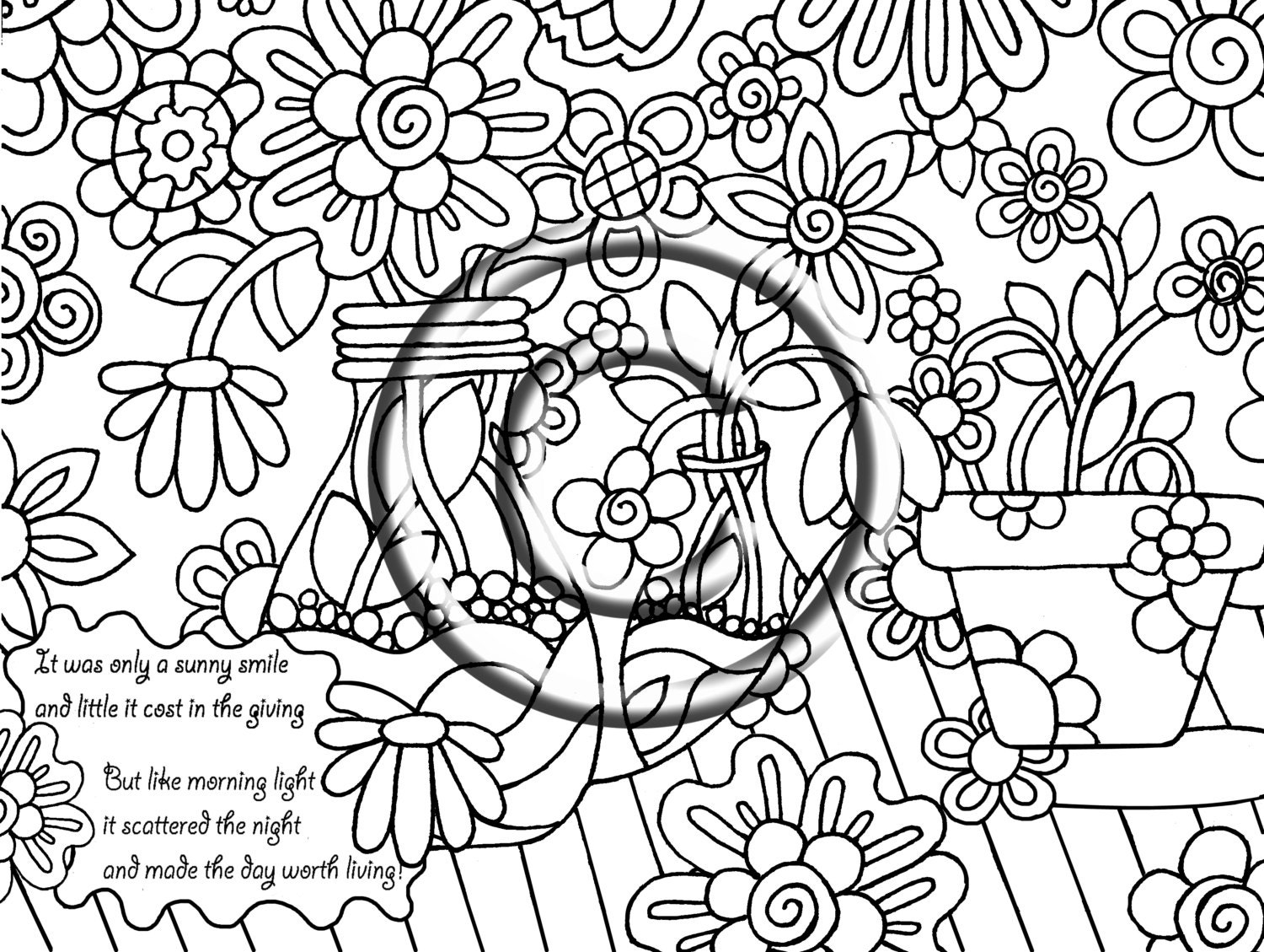 Instant Download Coloring Page Hand Drawn Zentangle Inspired Psychedelic "Sunny Smile" Abstract Zendoodle Hippie By Kat
