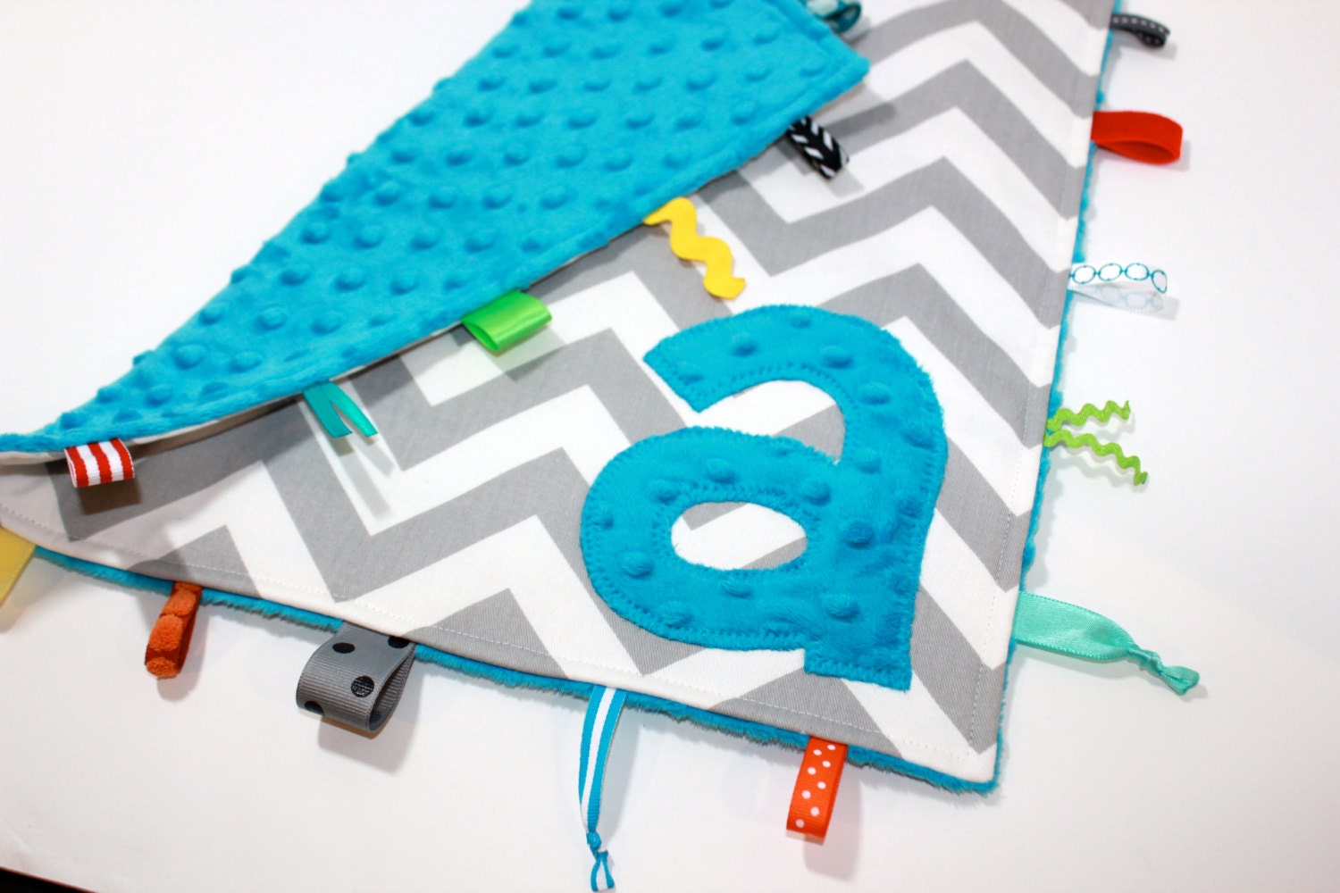 Personalized Blue Grey Chevron taggie blanket - Baby tag Lovey Security Sensory Ribbon Stroller Travel Minky