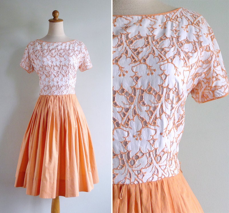 AWAY SALE (See Shop) Vintage 50's Peach Eyelet Florals Jonathan Logan White Cotton Dress S or M