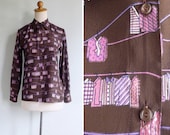 Vintage 80's Hanging Blouse Print Button Collared Shirt Top XS or S