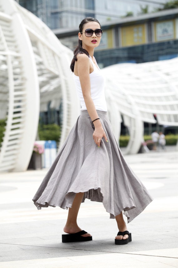 Romantic Unique Big Sweep Linen Skirt In Light Grey - NC453