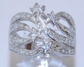 14K White Gold STAR Diamond Anniversary Ring Unique Band Wide Size 7 Sizable