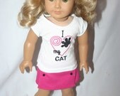 Reserved for Amanda love my cat 3 piece  outfit to fit your 18 inch american girl or similar doll, skirt, and tshirt, hairbow