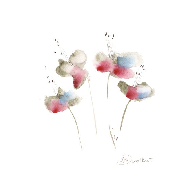 Blue Red Flowers Watercolor Painting Original Abstract Art 10x10 mothers day art for bedroom