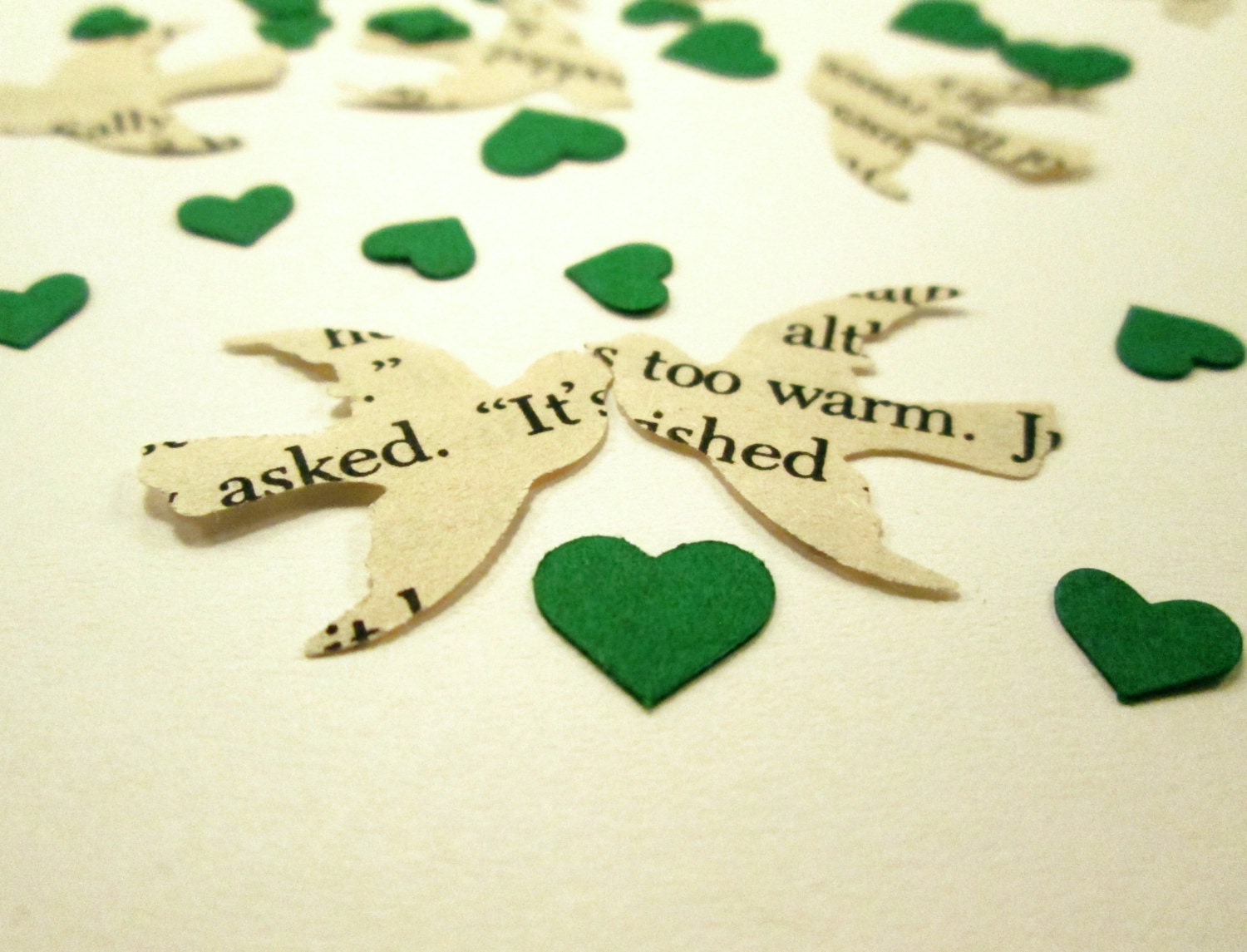 Book Page Bird Confetti  & Green Mini Heart Confetti // Vintage Wedding