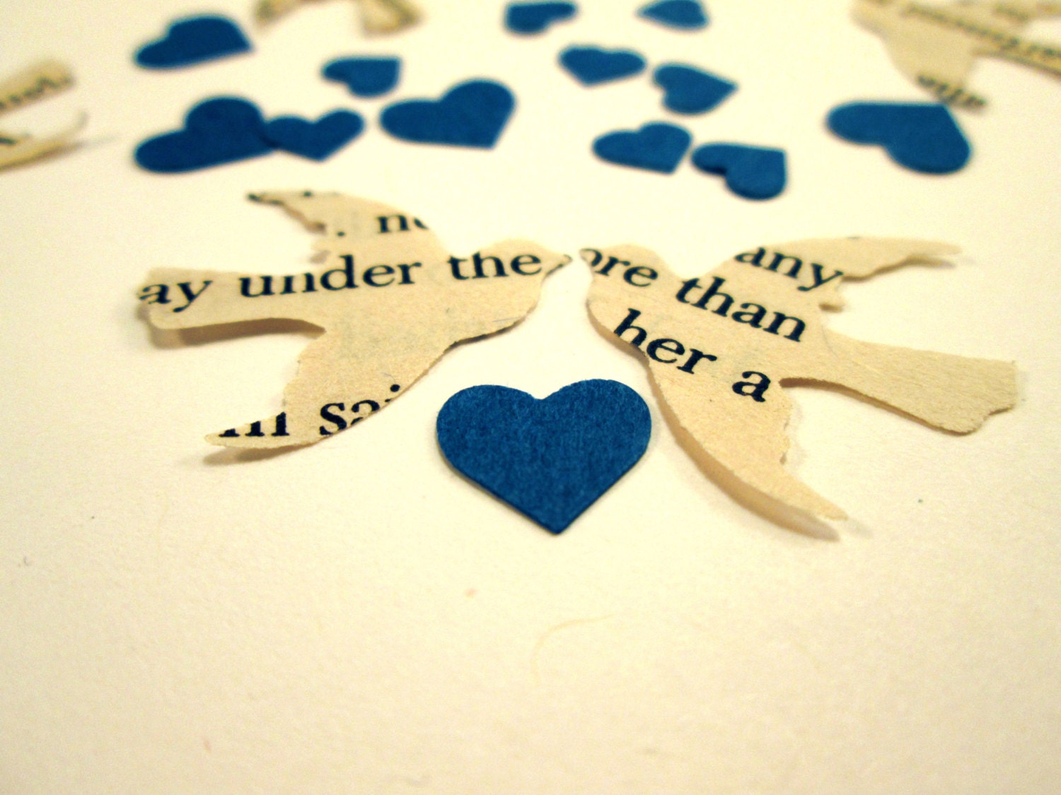 Book Page Bird Confetti  & Blue Mini Heart Confetti // Vintage Wedding