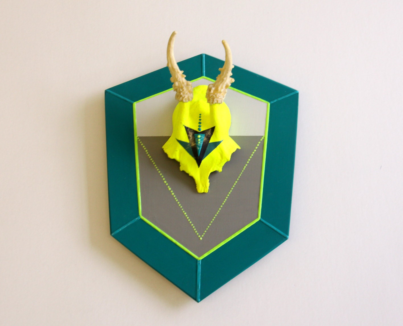 NEON YELLOW & TEAL grey turquoise diamond aztec triangle arrow painted mount deer skull and antlers horns - taxidermy unusual animal decor