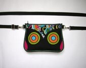 OWL BELT BAG  sling tote hip bag /Haversack/ shoulder purse cross body   Girl Child  Purse mixed fabrics in Black-Rainbow-Colorful