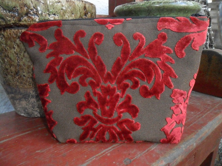 Makeup Bag Case Red Cut Velvet Damask