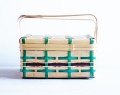 Vintage Mini Knitters' Basket, Woven with Handles, Hinged Lid, Green- Free Shipping