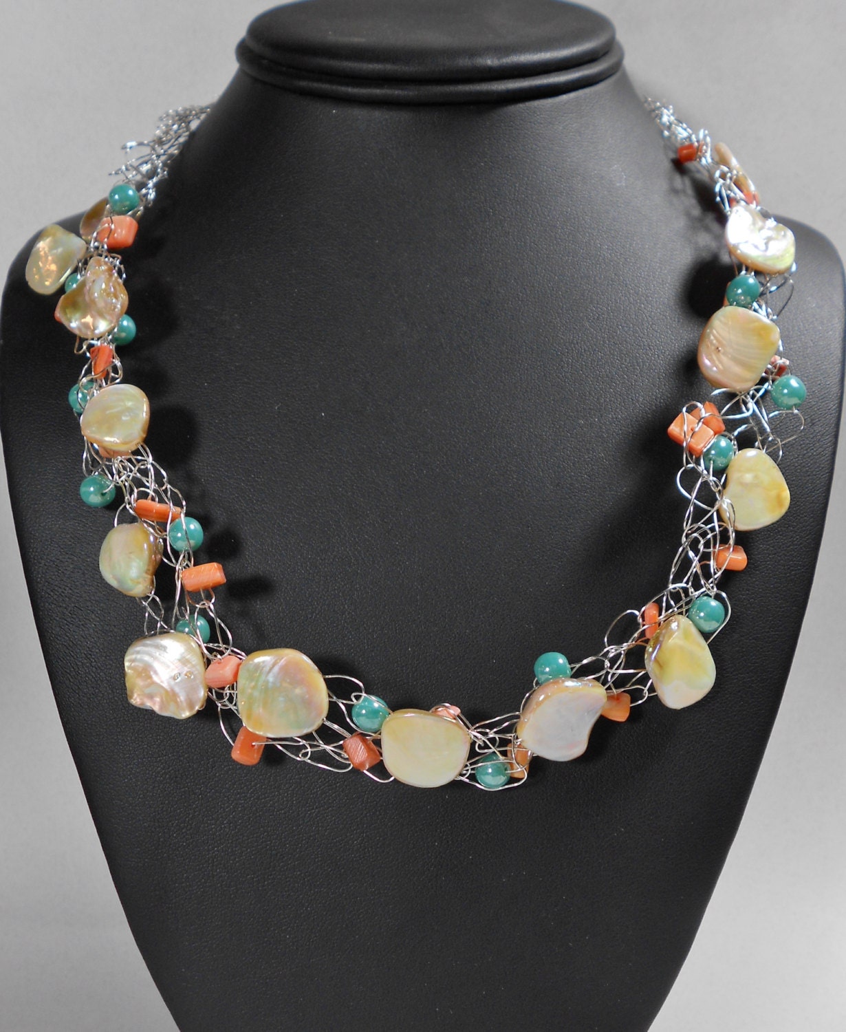 Turquoise peach coral mother of pearl wire crochet necklace, statement jewelry, mothers day, silver spring bling (WCN299)