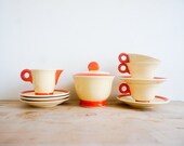 Vintage French Tea Set // Digoin Sarreguemines 1940 // Orange cream // coffee set // french country // spring home // cup saucers