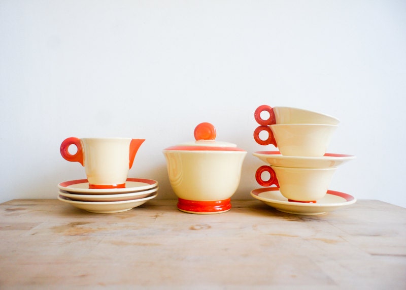 Vintage French Tea Set // Digoin Sarreguemines 1940 // Orange cream // coffee set // french country // spring home // cup saucers
