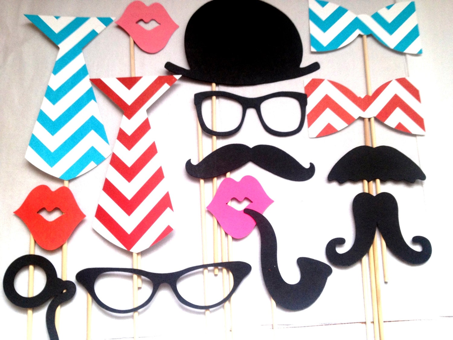 Wedding Photobooth Props - Photo Props - Wedding Photo props - Set of 15 - Red and Turquoise chevron Hipster  Set