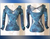 Junior / Womens Long Sleeve Cut and Weaved Black and Blue Tie Dyed Top Size Small, Medium, Large, XL, 2xl, 3xl