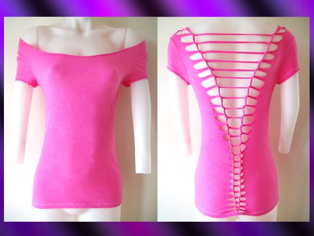 Womens / Juniors Blank Hot Pink Top Cut Shirt Series Off Shoulder Size Small, Medium, Large, XL, 2XL, 3XL Shredded T