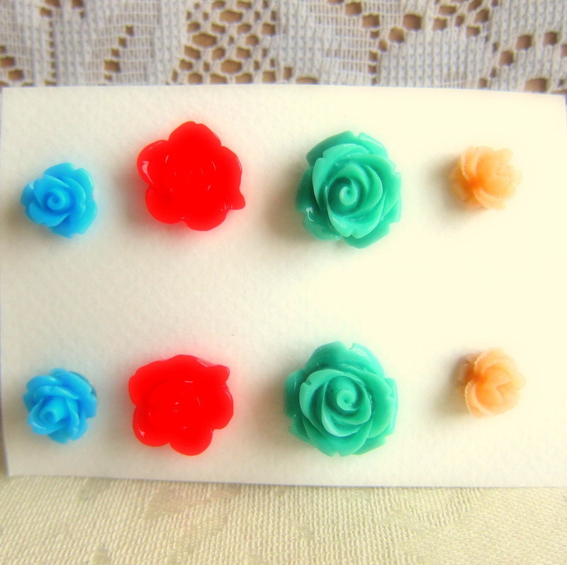 Floral Earrings Set Floral Stud Post Earrings Set Floral Studs Lot of 4 Flower Post Set Blue Red Turquoise Mint Green Peach Orange
