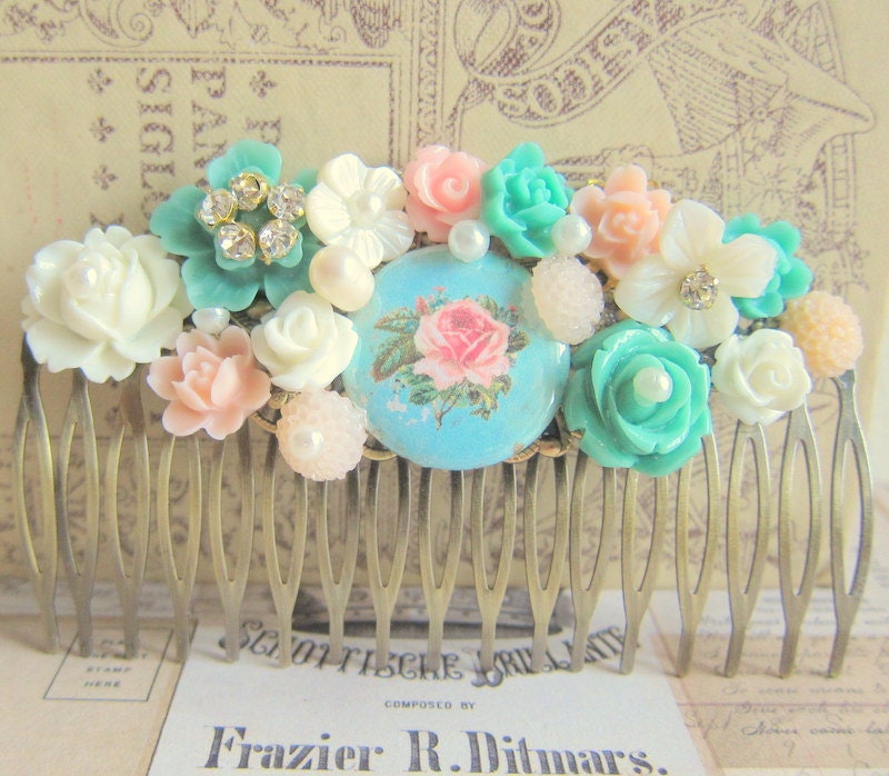 Shabby Chic Hair Comb Wedding Bridal Hair Comb Hair Jewelry Accessories Bridesmaids Peach Pink Aqua Turquoise Mint Green Romance