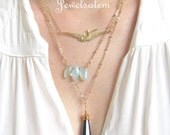 Gold Layered Necklace Bird Necklace Multi Layered Necklace Long Necklace Turquoise Necklace Wire Wrapped Briolette Black Glass Necklace
