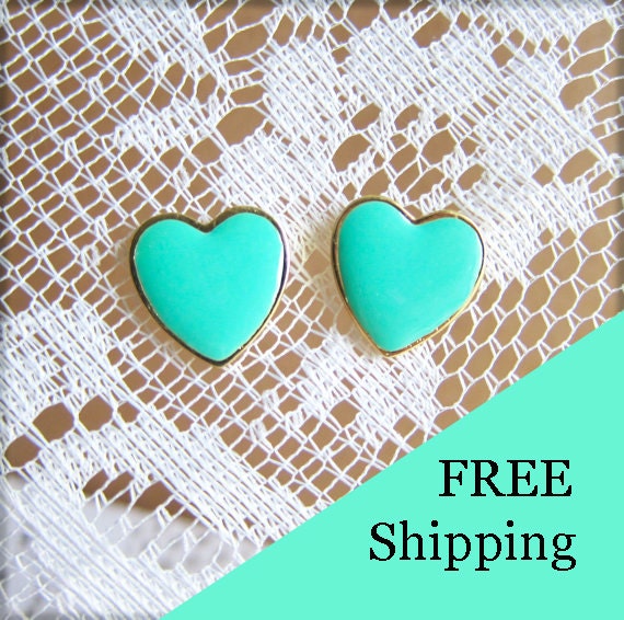 Sea Foam Earrings Tiffany Blue Hearts Studs Turquoise Post - FREE SHIPPING