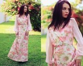 60s Pink Floral Shimmer Glitter Siren Maxi Dress