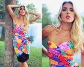 1980s Colorful Watercolor Print Strapless Dress