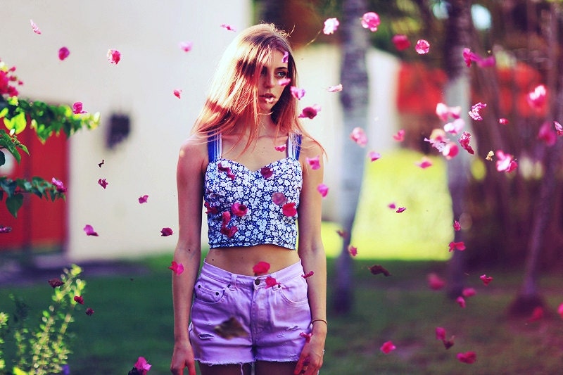 1970 / 80s Blue Floral Sailor Bustier Crop Top