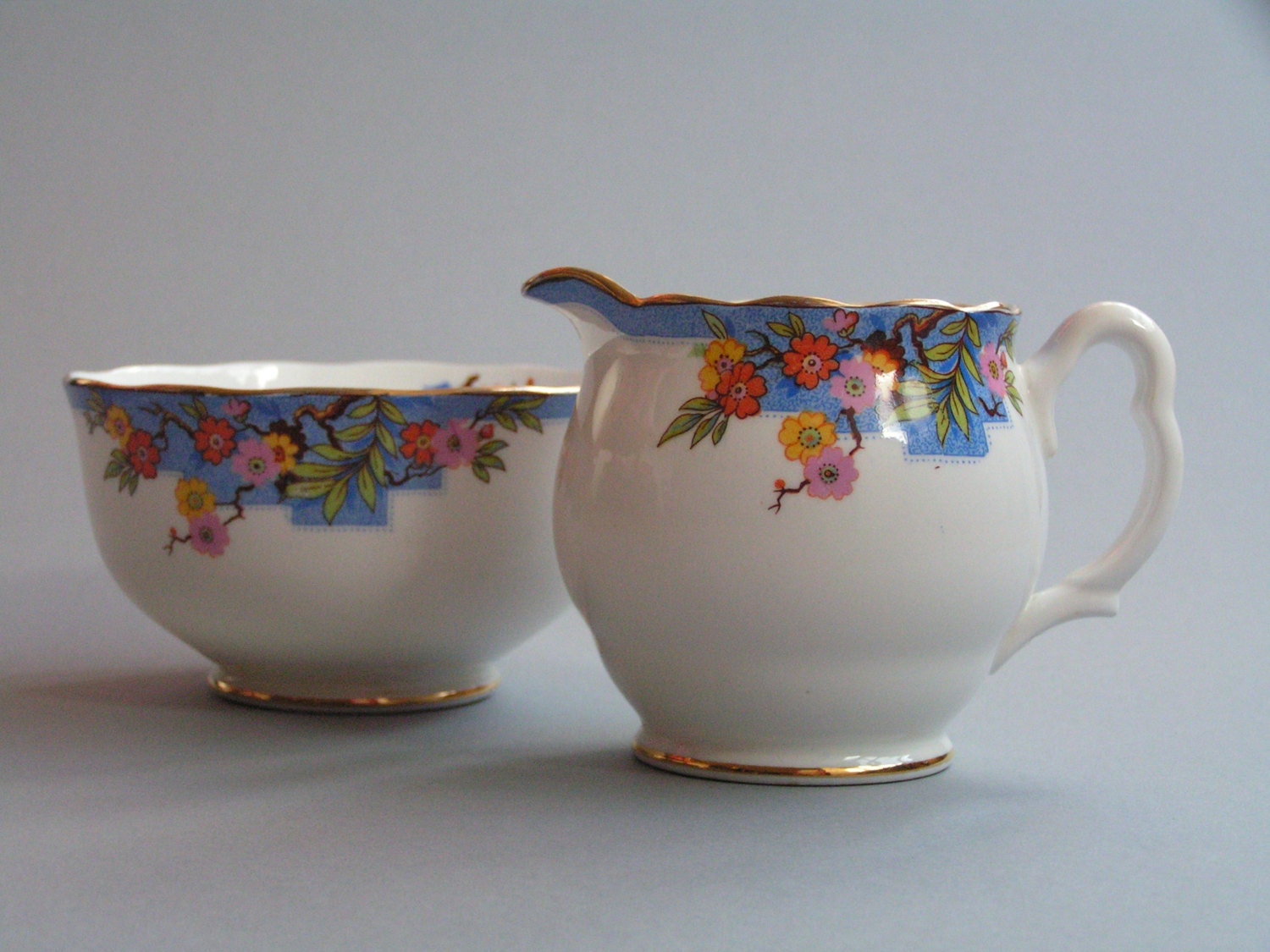 Milk Jug and Sugar Bowl English China 1920s 1930s Vintage Blue with Flowers - Made for Lawleys of Regent Street by Royal Albert