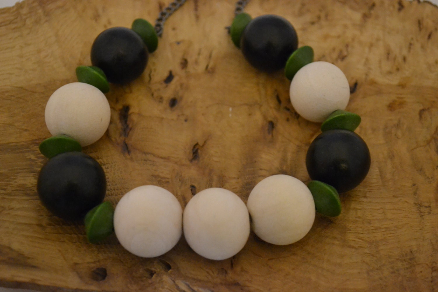 Sale White, Black and Green wooden bead necklace - Cancer Charity