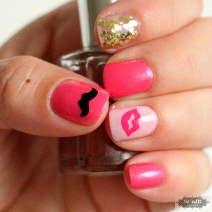 NAILED IT DECALS: 1 Sheet of 24 Mustache Nail Decals (You Pick the Color)